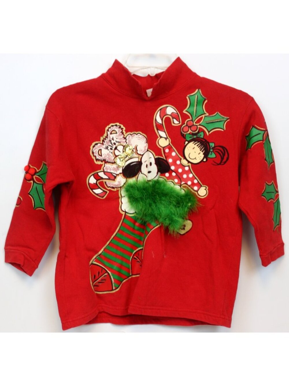Vtg 90s Christmas Sweatshirt girls sz Lg Oversized Ugly Stocking Feather Boa